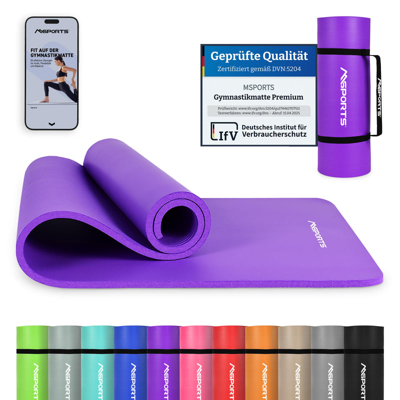 MSports Premium Gymnastics Mat including Carry Strap + Exercise Poster + Workout App - Skin-Friendly Fitness Mat, 190 x 60, 80 or 100 x 1.5 cm, Various Colours, Phthalate-Free Yoga Mat, 190 x 60 x 1,5 cm