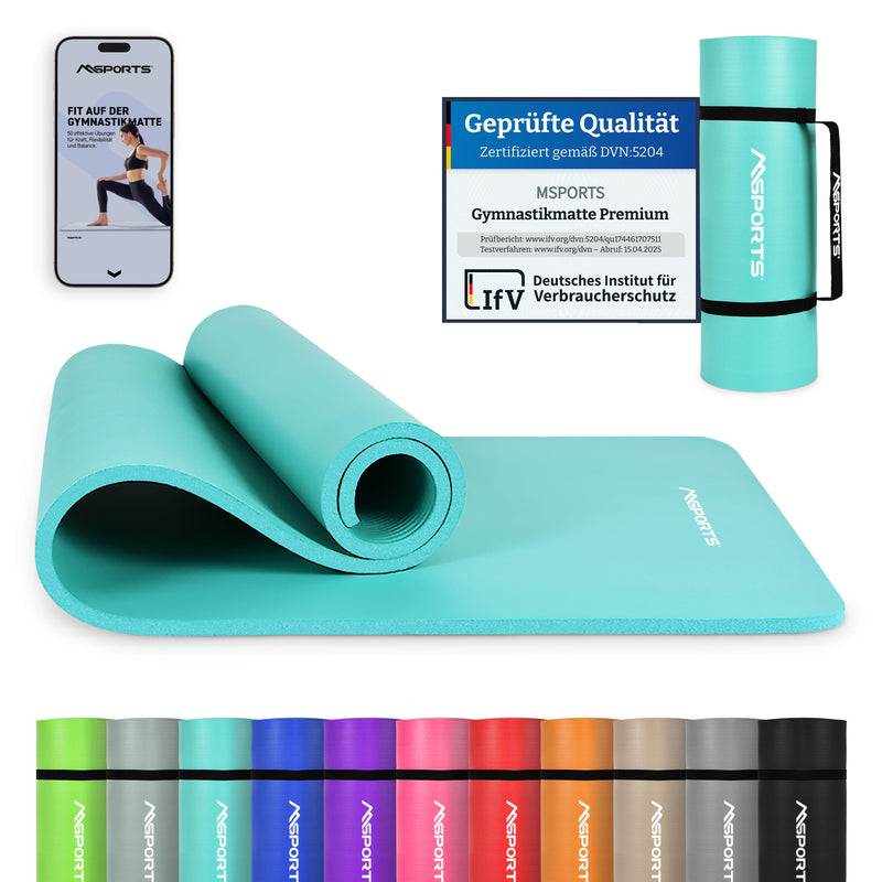 MSports Premium Gymnastics Mat including Carry Strap + Exercise Poster + Workout App - Skin-Friendly Fitness Mat, 190 x 60, 80 or 100 x 1.5 cm, Various Colours, Phthalate-Free Yoga Mat, 190 x 60 x 1,5 cm