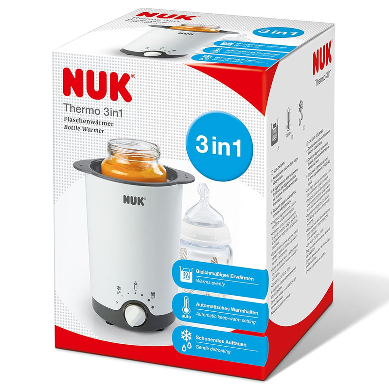 NUK Thermo 3-in-1 bottle warmer for easy, safe and gentle heating, defrosting and keeping warm, for glasses and bottles.
