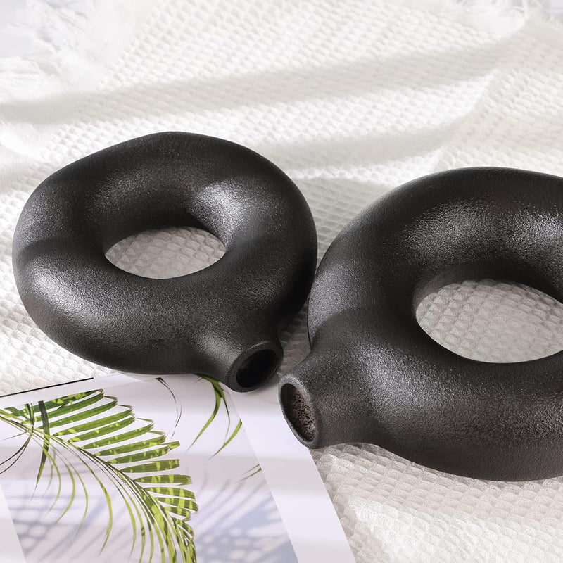 Donut Vases, Circular Matte Ceramic Vase for Entryway, Living Room, Bedroom, Dining Table, Table Decor, Office, Home Decor, Black, Set of 2