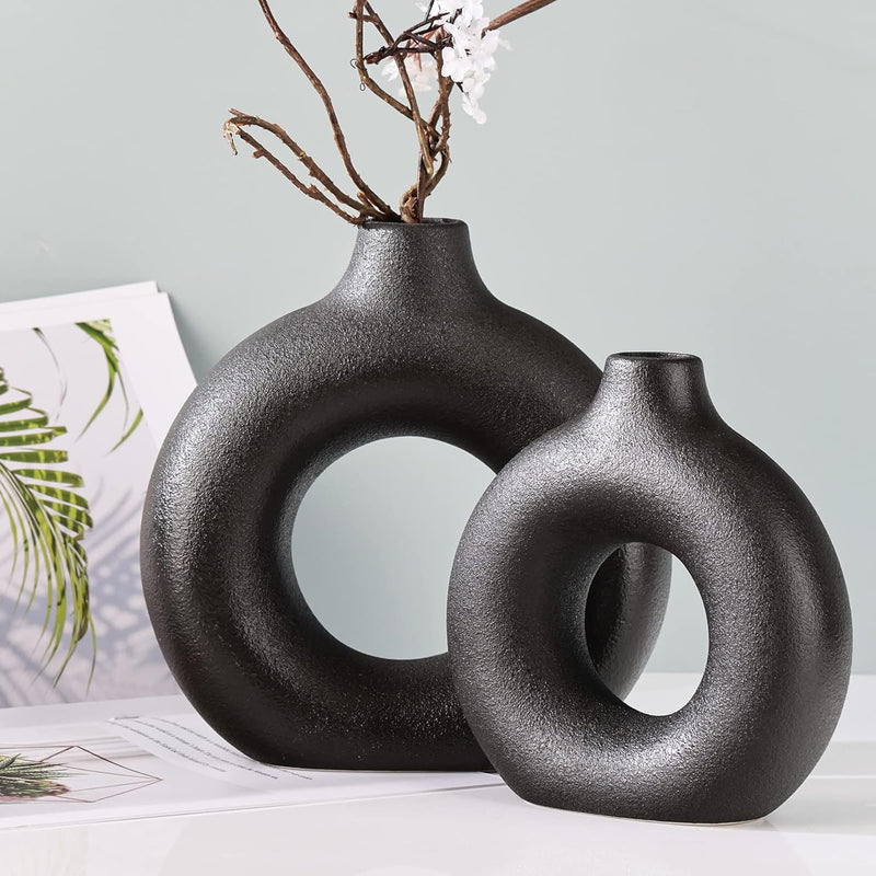 Donut Vases, Circular Matte Ceramic Vase for Entryway, Living Room, Bedroom, Dining Table, Table Decor, Office, Home Decor, Black, Set of 2