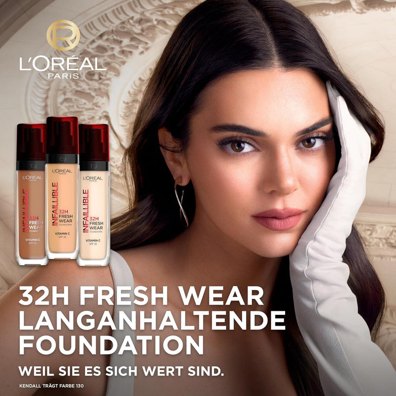 L'Oréal Paris makeup, waterproof and long-lasting liquid foundation with SPF 25, Infaillible 32H Fresh Wear makeup, No. 220 sand, 30 ml