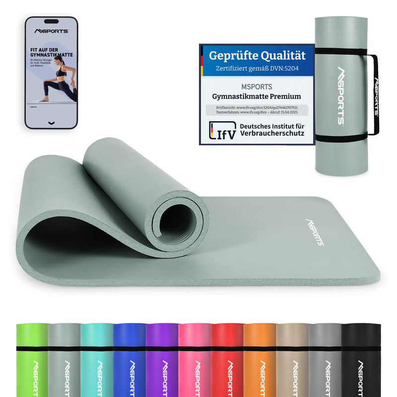 MSports Premium Gymnastics Mat including Carry Strap + Exercise Poster + Workout App - Skin-Friendly Fitness Mat, 190 x 60, 80 or 100 x 1.5 cm, Various Colours, Phthalate-Free Yoga Mat, 190 x 60 x 1,5 cm