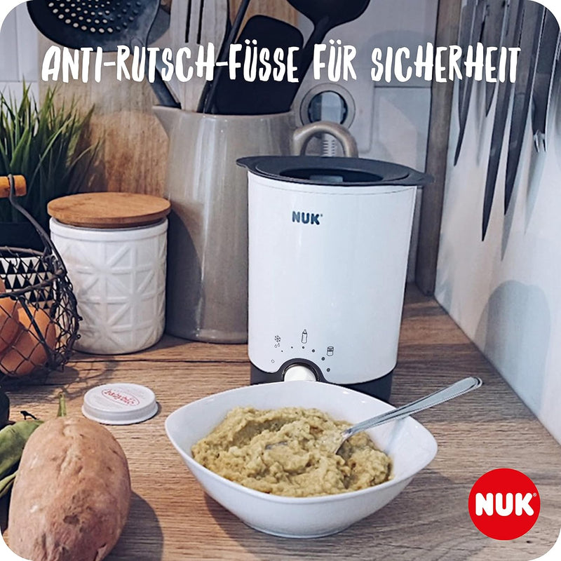 NUK Thermo 3-in-1 bottle warmer for easy, safe and gentle heating, defrosting and keeping warm, for glasses and bottles.