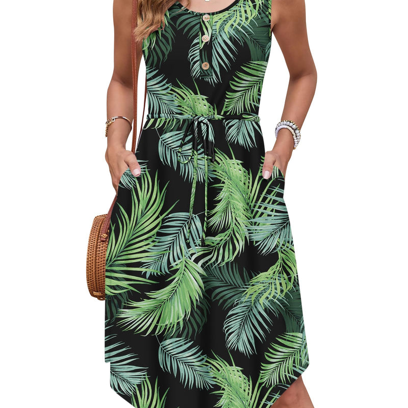 AUSELILY Summer Dresses Women's Lightweight Sleeveless Drawstring High Waist Beach Dresses Knee-Length Button-Down Midi Dress Tunic Dress Elegant Casual Dress with Pockets