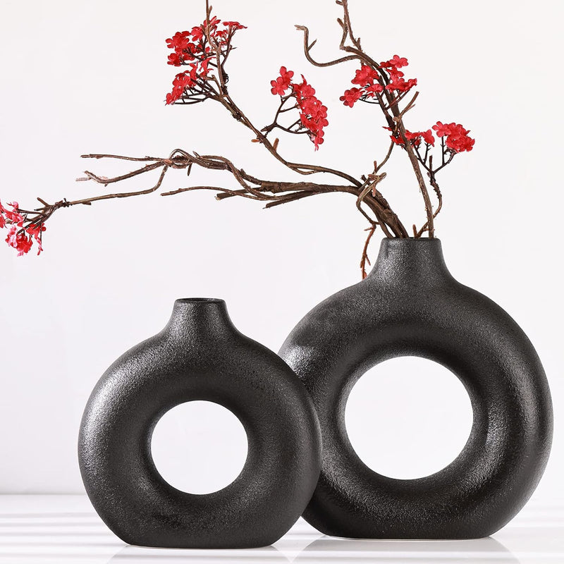 Donut Vases, Circular Matte Ceramic Vase for Entryway, Living Room, Bedroom, Dining Table, Table Decor, Office, Home Decor, Black, Set of 2
