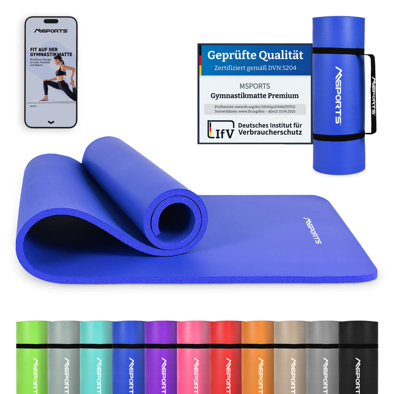 MSports Premium Gymnastics Mat including Carry Strap + Exercise Poster + Workout App - Skin-Friendly Fitness Mat, 190 x 60, 80 or 100 x 1.5 cm, Various Colours, Phthalate-Free Yoga Mat, 190 x 60 x 1,5 cm