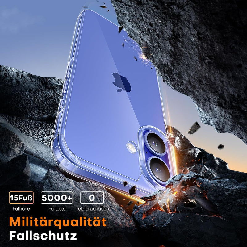 TAURI 3 in 1 for iPhone 16 Case 6.1 Inch with 2 Pieces Tempered Glass Screen Protector, Military Standard Protection, [Anti-Yellowing] Shockproof Transparent Mobile Phone Case - Transparent