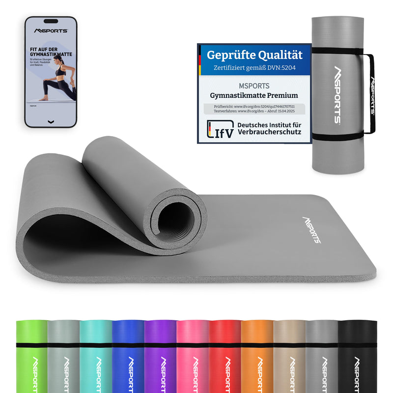 MSports Premium Gymnastics Mat including Carry Strap + Exercise Poster + Workout App - Skin-Friendly Fitness Mat, 190 x 60, 80 or 100 x 1.5 cm, Various Colours, Phthalate-Free Yoga Mat, 190 x 60 x 1,5 cm
