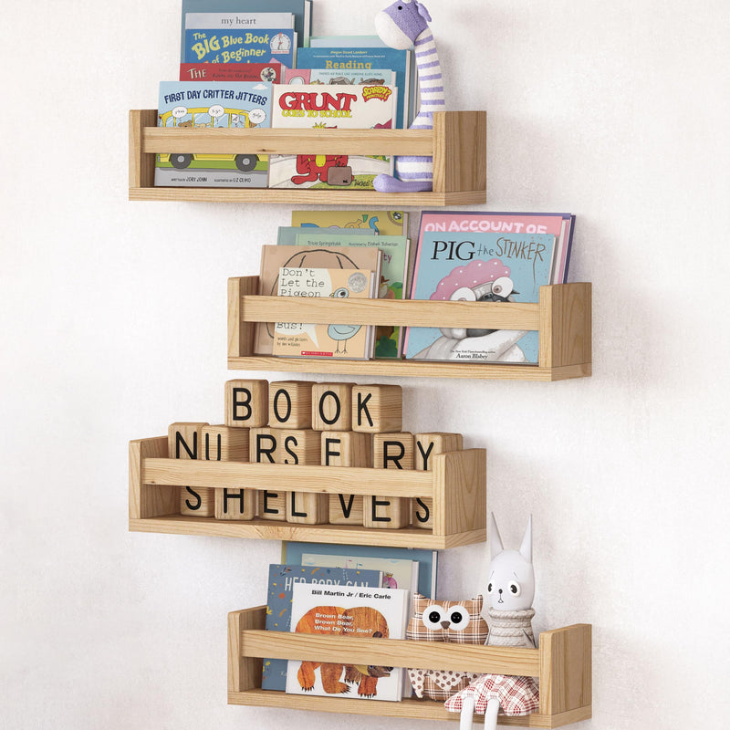 NATURE SUPPLIES Set of 3 Natural Wood Nursery Shelves 41.7 cm, Solid Wood, Ideal for Books, Toys and Decoration, Wall Shelf for Children's Room, Children's Book Shelf, Nursery Shelf