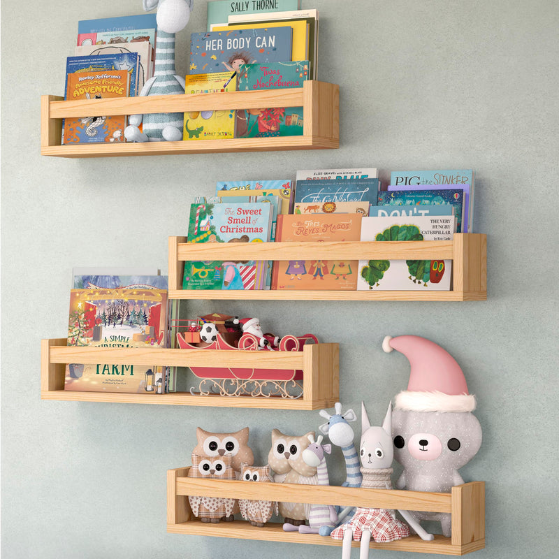 NATURE SUPPLIES Set of 3 Natural Wood Nursery Shelves 41.7 cm, Solid Wood, Ideal for Books, Toys and Decoration, Wall Shelf for Children's Room, Children's Book Shelf, Nursery Shelf