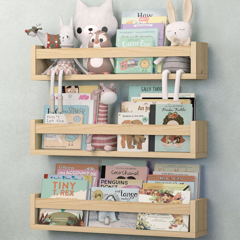 NATURE SUPPLIES Set of 3 Natural Wood Nursery Shelves 41.7 cm, Solid Wood, Ideal for Books, Toys and Decoration, Wall Shelf for Children's Room, Children's Book Shelf, Nursery Shelf