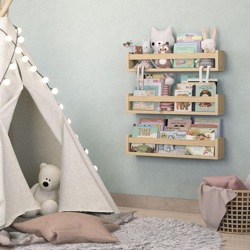 NATURE SUPPLIES Set of 3 Natural Wood Nursery Shelves 41.7 cm, Solid Wood, Ideal for Books, Toys and Decoration, Wall Shelf for Children's Room, Children's Book Shelf, Nursery Shelf