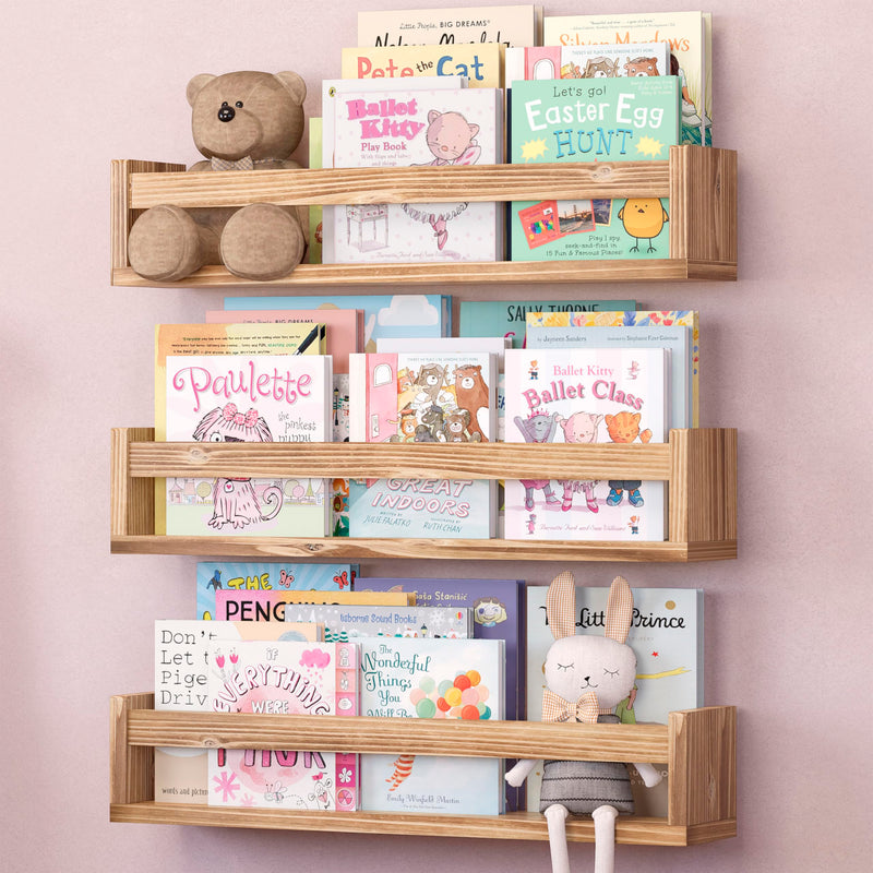 NATURE SUPPLIES Set of 3 Natural Wood Nursery Shelves 41.7 cm, Solid Wood, Ideal for Books, Toys and Decoration, Wall Shelf for Children's Room, Children's Book Shelf, Nursery Shelf
