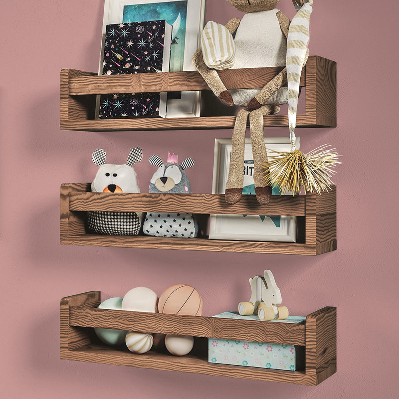 NATURE SUPPLIES Set of 3 Natural Wood Nursery Shelves 41.7 cm, Solid Wood, Ideal for Books, Toys and Decoration, Wall Shelf for Children's Room, Children's Book Shelf, Nursery Shelf